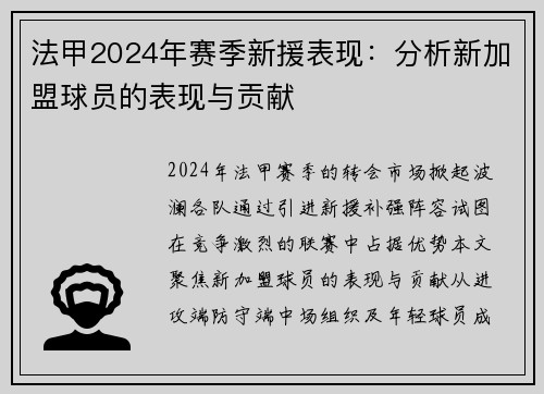 法甲2024年赛季新援表现：分析新加盟球员的表现与贡献