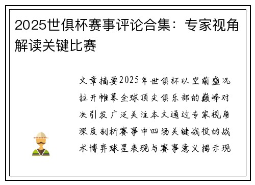 2025世俱杯赛事评论合集：专家视角解读关键比赛